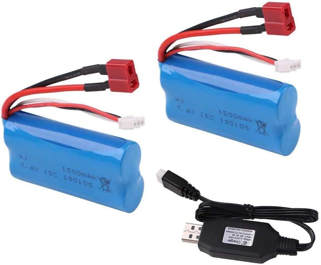 Yangers 2 Pack Li-ion rechargeable lipo battery 7.4V 1500mAh 2S 15C Deans T plug female connector with USB charger for RC 1:12 1:16 1:24 car off road truck jumper WLtoys