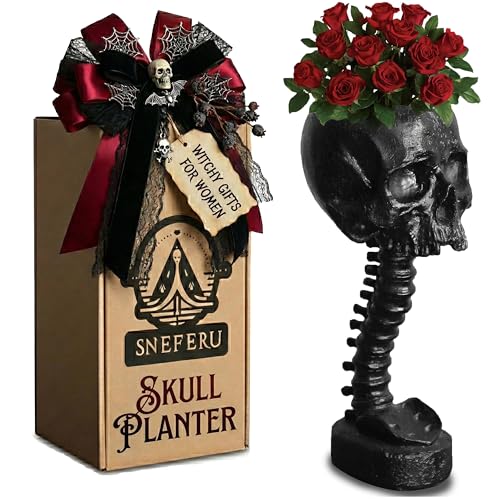 Skull Planter Spine Gothic Vase - Black Skull Candy Bowl, Horror 11.6' Halloween Flower Vase Goth Decor, Spooky Home Decor Skeleton Planter Pot, Candle Holder, Spooky Gifts For Women, Men, Girlfriend.