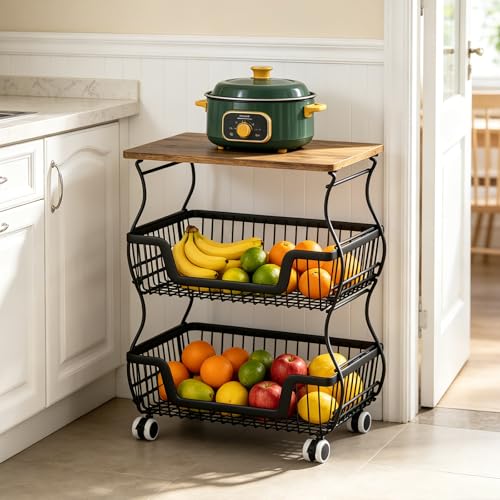 FurniEdge 3-Tier Rolling Kitchen Storage Cart Fruit Basket Stand for Vegetables & Snacks Stackable Wire Pantry Floor Organizer with Wheels for Kitchen, Living Room, Bedroom, Office (Black)