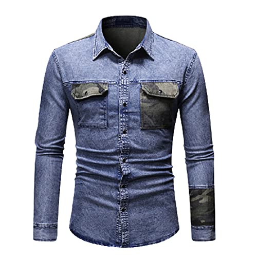 Chemise en jean homme bleu L vêtement tendance avec patchwork camouflage