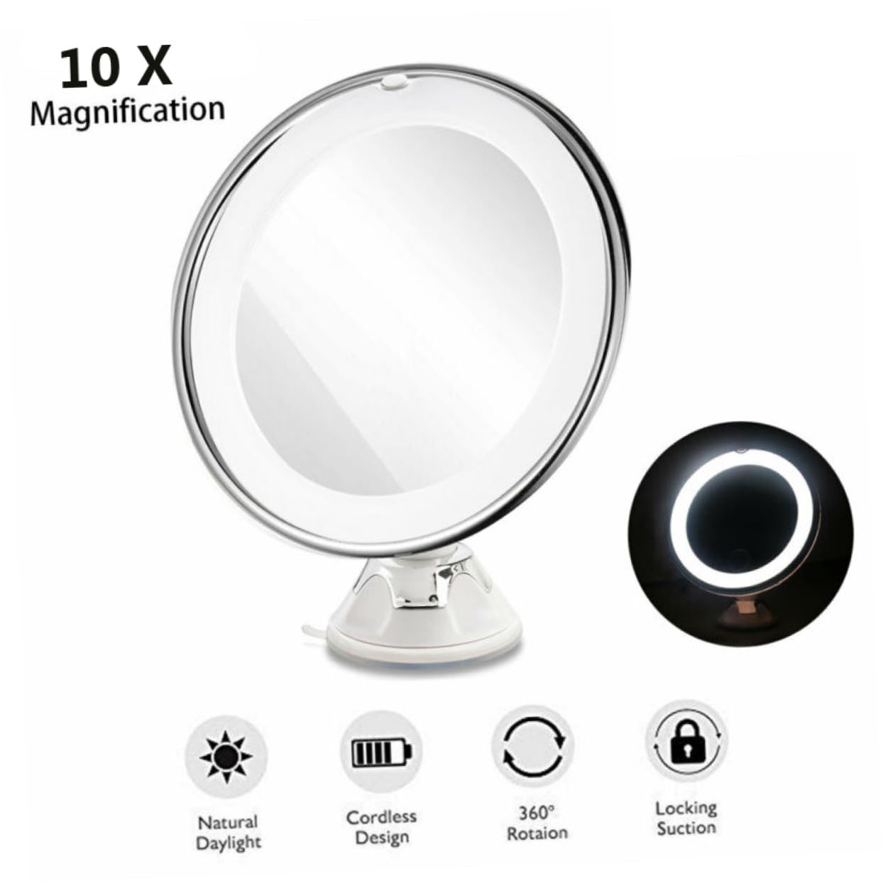 Anneome Espejo de Maquillaje LED Aumento con Ventosa para Baño y Tocador Redondo de Portátil Luz para Detalles Precisos