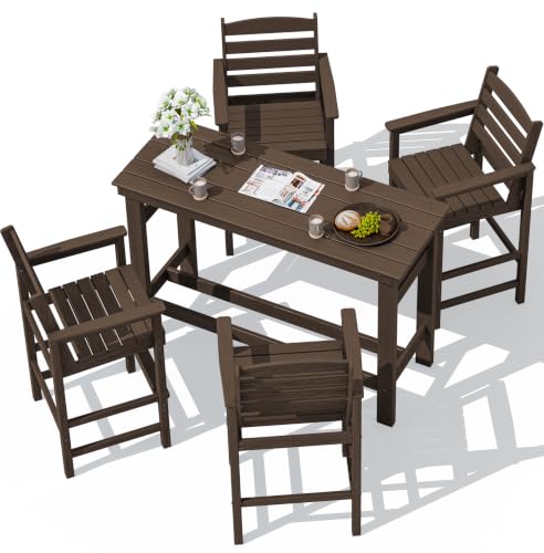 SERWALL Outdoor Bar Set, 4 Adirondack Bar Chairs & Bar Height Table, Coffee