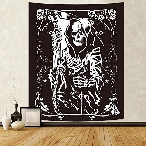 Skull Wall Hanging Grim Reaper Floral Tapestry Gothic Tarot Card Tapestry ghost Death theme Black skeleton Tapestry Art Home Decor for Bedroom Living Room 50x60inch
