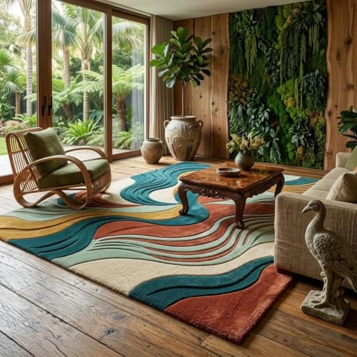 Image of Hand Tufted Premium Wool Abstract Wave Design Carpet for Living Room, Bedroom, Office & Home Decor Size 12x18 Feet