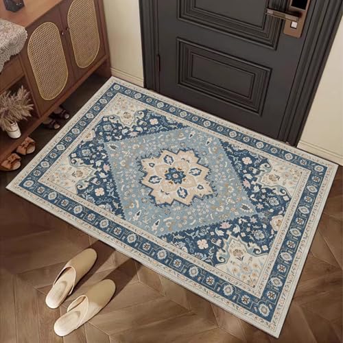 HiChiclife カーペット ペルシャ風 玄関マット 80x120cm ラグマット 1畳 室内 滑り止め ホットペルシャ絨毯 夏用ラグ 耐磨耗性 洗える 夏用ラグ 軽量 花柄 ペルシャ風 ラグ カーペット 北欧(ブルー)