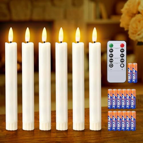Image of Enhon 6 Pack Flameless Taper Candles with Remote & Batteries, 6.5 inch Ivory LED Candle Sticks, 3D Flickering Wick, Timer & Dimmable, 624+ Hour Battery Operated Candles for Home, Wedding & Christmas Decor
