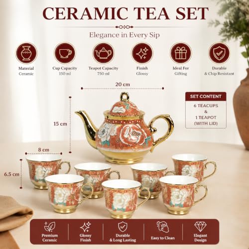 Image of Luxury Floral Ceramic Tea Set with Cups, Saucers & Teapot with Stand | Elegant Bone China Tea Cup Set for Home, Office & Gifting (6 Cups, 1 Teapot, 6 Saucers, 1 Stand) (Pink)