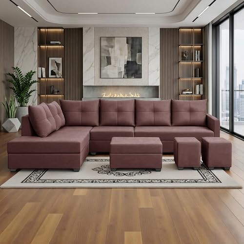 Image of Wood 8 Seater Sofa Set with Ottoman & Stools | Velvet Fabric Upholstery | Modern L Shape Wooden Frame Couch for Living Room, Home & Office (Brown)