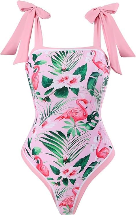 One Piece Bathing Suit for Women with Beach Cover up Wrap Skirt Swimsuit Sarong Retro Floral Print Bikini Set (US, Alpha, 3X-Large, Regular, Regular, Flamingo Pattern)