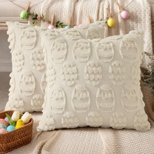 Image of decorUhome Easter Beige Egg Pillow Covers 20x20 Inch Set of 2, Soft Plush Faux Wool Jacquard Cushion Covers, Farmhouse Neutral Fuzzy Spring Easter Holiday Decor for Couch Sofa Bed