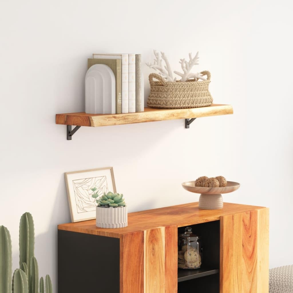 Estantería de pared 90 x 30 x 3,8 cm, rectangular de madera maciza de acacia con borde de árbol, estantería flotante de madera natural para salón, oficina, estudio, decoración para libros