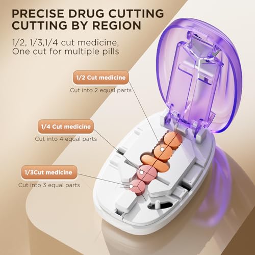 Image of Pill Cutter Splitter for Small and Tiny Pills, 1 /2 1 /4 Pill Splitter for Small Pills,Tablets in Half or Quarters, Accurate and Easy Cutting, Stainless Steel Blade, Back Storage (Purple)