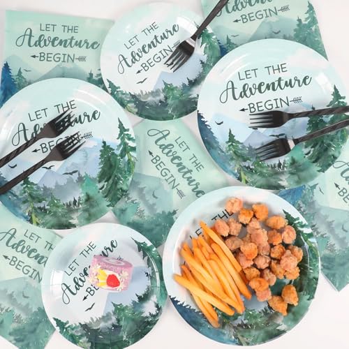 Image of ZOIIWA 200 PCS Adventure Awaits Tableware Disposable Let The Adventure Begin Party Supplies Dinnerware Set Baby Shower Plates Napkins Birthday Party Decoration Serve 50 guest