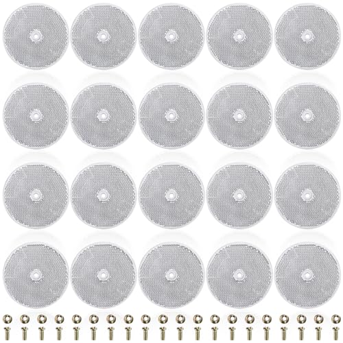 Dicunoy 20 Pack Round Front Reflectors, 80mm White Safety Reflectors with Center Mounting Hole and Screws for Mailboxes, Driveway, Trailer, Tunnels, Post, Cars, Garage Fence Gate, Truck