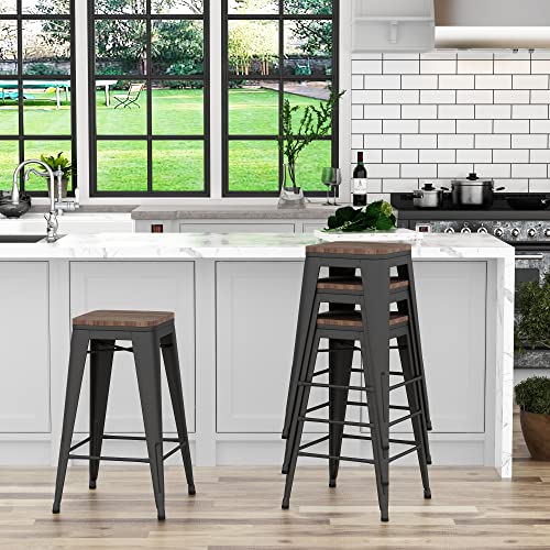 Yongchuang Metal Counter Height Bar Stools Set Of 4 Stackable Backless Stools With Wood Top 24" Matte Black #TOP2