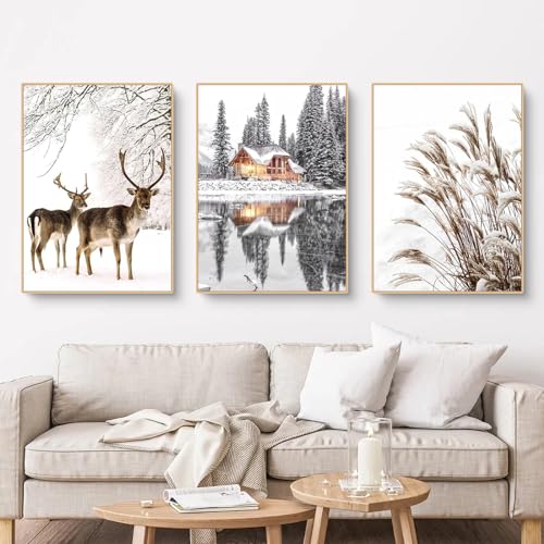 Herfair Poster Winter Bilder Wohnzimmer 3er Set Winterlandschaft...