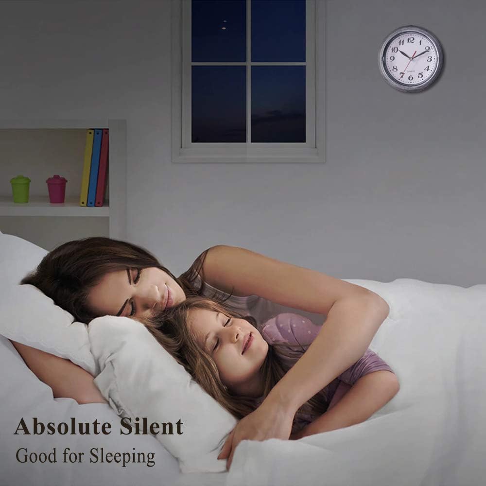 Decorative Silent Wall Clock Non-Ticking 8 Inches Quartz Battery Operated Decor Wall Clock Vintage Silver Metalic Looking Large Number Easy to Ready for Home School Hotel Office (Silver): Kitchen & Dining