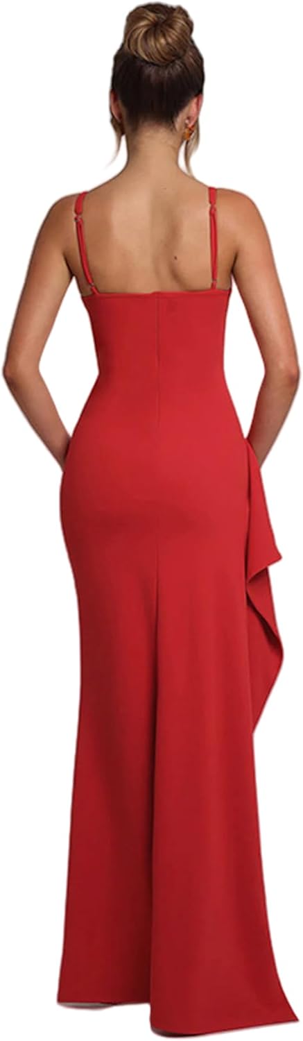 Women's Spaghetti V Neck Formal Maxi Evening Gowns Cocktail Dress Floor Length Maxi Dress Bodycon Ruched Party Dresses - Image 3