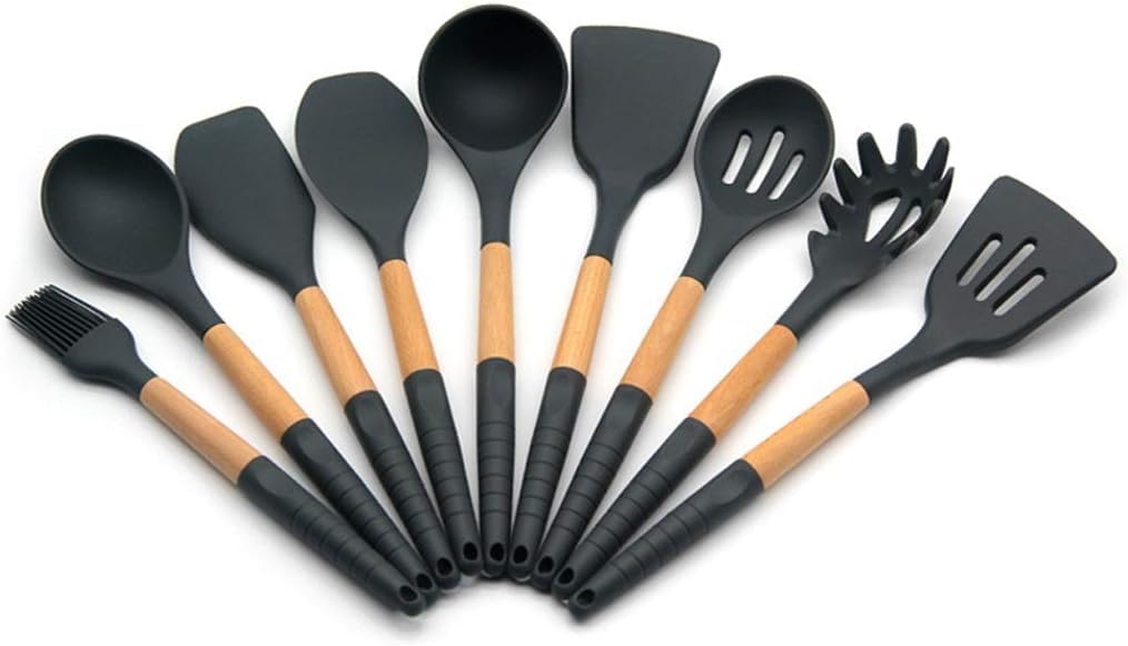 Utensilien-Set, Küchenutensilien-Set mit Silikon-Kochutensilien – 9 Küchenutensilien-Set aus natürlichem Holz aus Silikon – Silikon-Utensilien-Set, Spatel-Set – Silikon-Utensilien, Kochutensilien