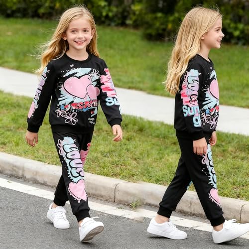 Image of Kids Toddler Girl Clothes Heart Letter Print Long-sleeved round collar top+Letter Print Pants Outfits Set