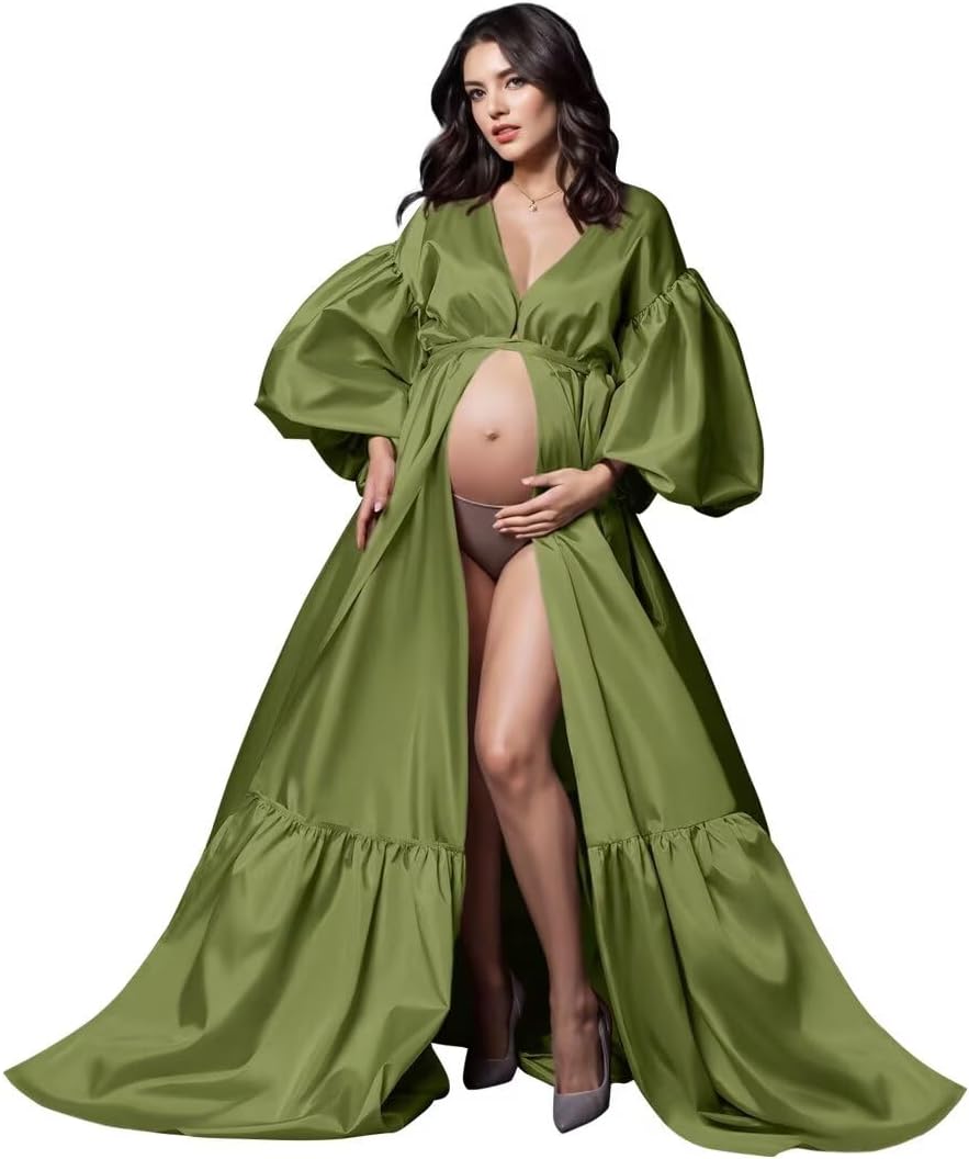 Satin Maternity Dresses for Photoshoot Puffy Sleeve Robe V Neck Long Pregnancy Gowns for Boby Shower Sleepwear