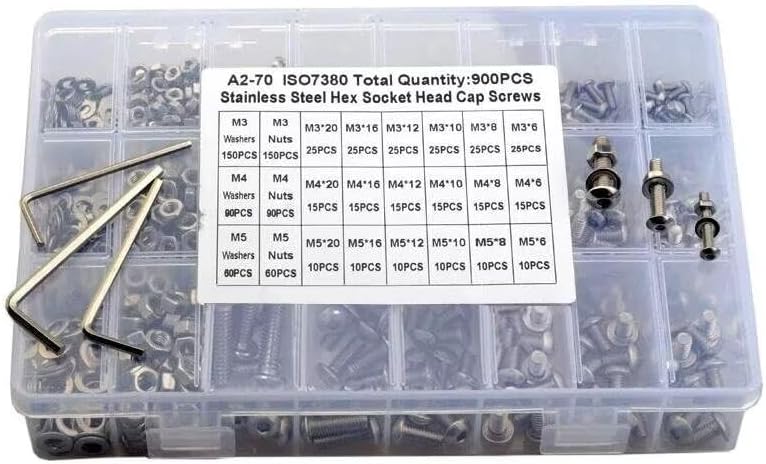 900Pcs/set Hexagon Hex Socket Button Round Head Screw Set M3 M4 M5 304 Stainless Steel Allen Bolt Nut Washer Assortment Kit
