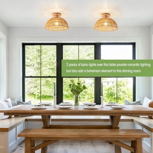 2 Packs Boho Chandelier Rattan Ceiling Light Fixtures Boho Lamp Shade Flush Mount Ceiling Light Hand-Woven Small Chandelier Light for Hallway Bedroom Kitchen Nursery Chandelier by OCWHT - Used condition - Image 2