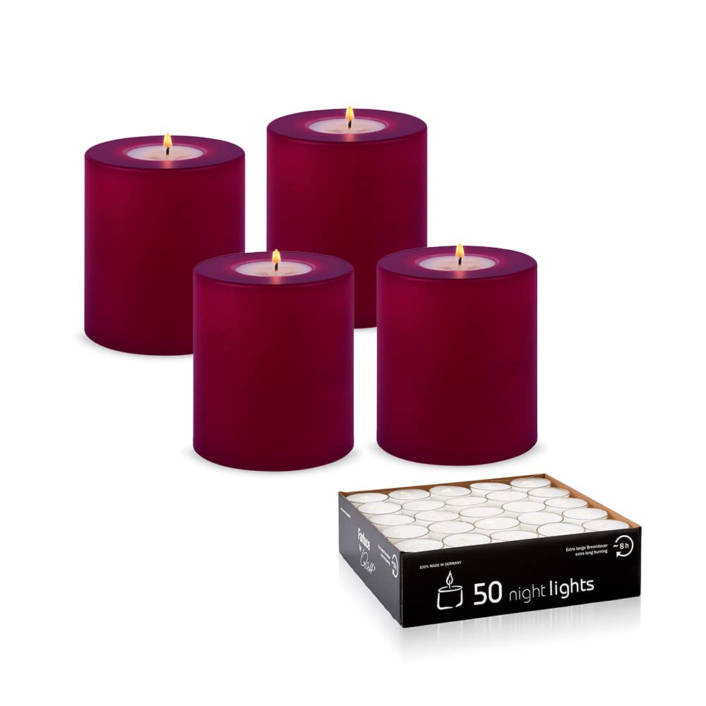 Qult Farluce Trend - Teelichthalter in Kerzenform • Merlot Red • Christmas Collection • Adventskerzen • Weihnachtskerzen • Kerze • Kunststoffkerze in Kerzenoptik (4er Set Ø 8 x h 9 cm)