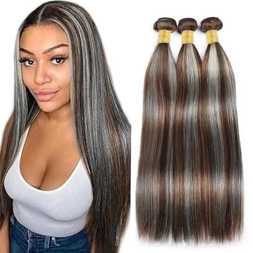 P4/Grey Bundles Human Hair 22 24 26 Inch Straight Chocolate Grey Human Hair Bundles Unprocessed Brazilian Virgin Hair Quick Weave Hair for Black Women