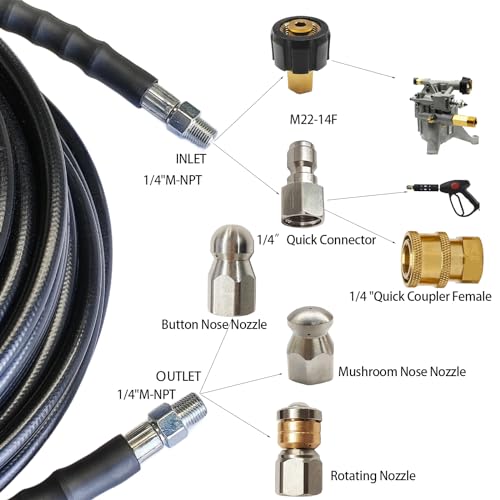 GoooodMore 100FT Sewer Jetter Kit for Pressure Washer,5800PSI Drain Cleaner Hose 1/4 Inch NPT,Rotating and Button Hose Sewer Jetting Nozzle,Quick Connect Plug,Drain Jetter for Pressure Washer