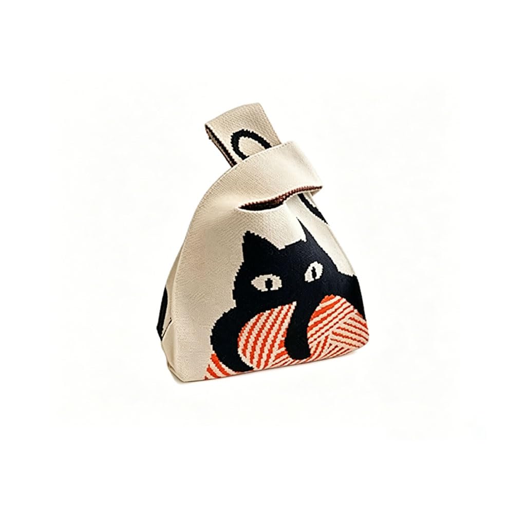 Wristlet Bag for Women Fashion Beige Cartoon Cat Knitted Small Tote Hand Bag Soft Wrist Pouch Lunch Box Bag, 20x35cm-image-33