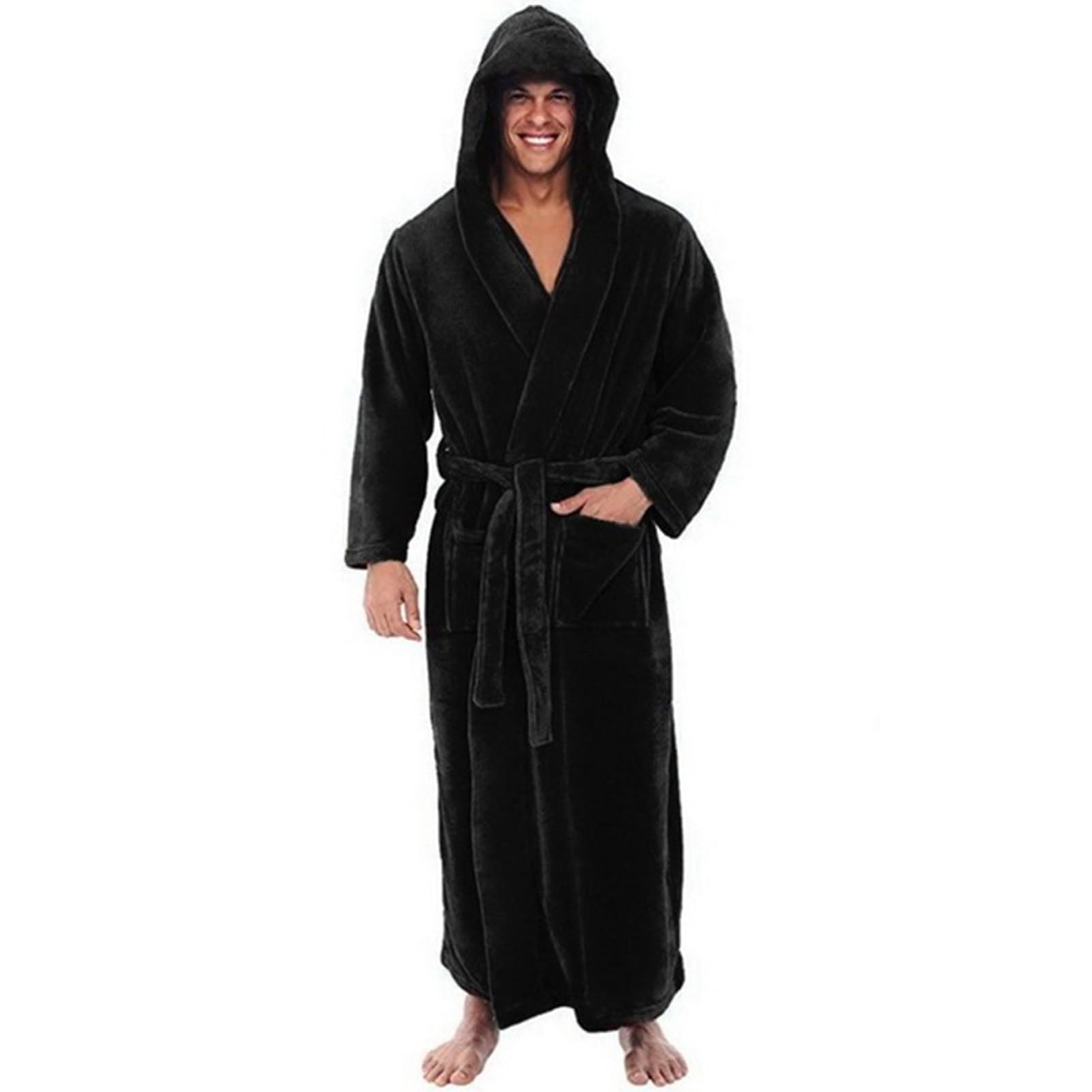 matumou Men Hooded Bathrobe with Adjustable Belt Super Soft Fluffy Highly Absorbent Color Pocket Design Male Bathrobe