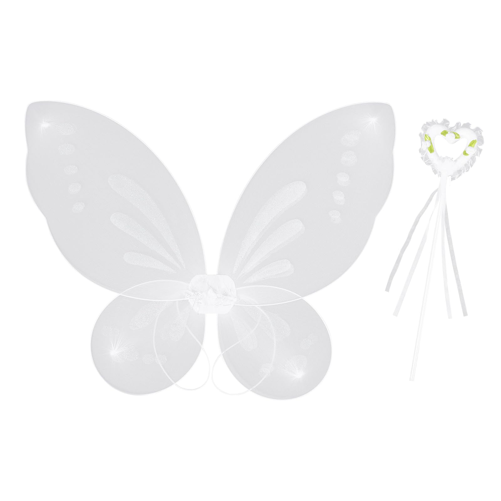 YILEEGOO Kids Girls Butterfly Wings, Shiny Fairy Wings Flower Heart Magic Wand Halloween Birthday Party Favor (White, One Size)