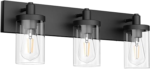 Aipsun Lámpara de tocador negra para baño, 3 luces, estilo granja, para baño, sobre espejo con pantalla de vidrio transparente (no incluye bombilla)