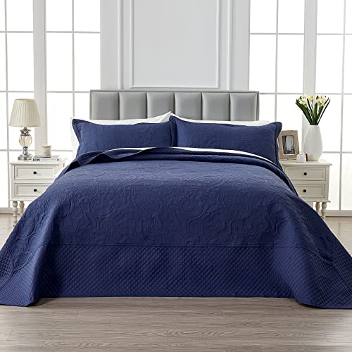 Image of Qucover Oversized King Bedspreads, 3 Piece Soft Microfiber Lightweight Oversized King Quilt 128x120, Elegant Paisley Ultrasonic California King Bedspread Bedding Coverlets, Navy Blue