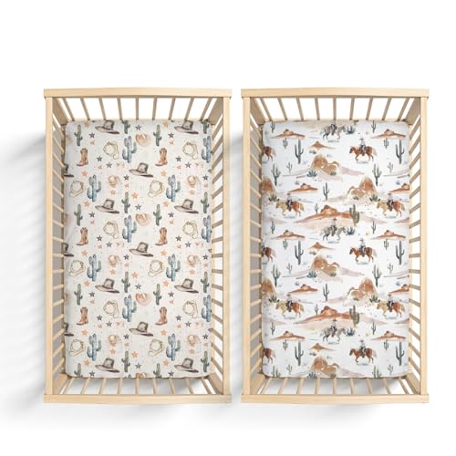 2 Pack Western Cactus Horses Hats Mountains Pattern Baby Sheets for Crib, Unisex Western Nursery Fitted Bed Sheet for Boys Girls Standard Crib and...