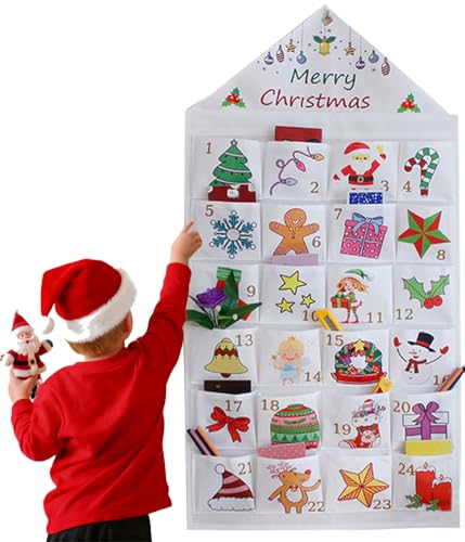 Calendrier de l'Avent à Remplir en Tissu, Compte à Rebours Calendrier de l'Avent avec 24 Poches Réutilisable, Décorations de Noël pour Suspendre, Cadeau Enfant Adulte (Blanc avec motif)