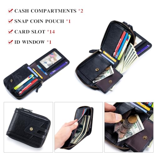 Image of Genuine Leather Wallets for Men with Zipper RFID Blocking Large Capacity Classic Mens Wallet with Coin Pocket ID Window, Black