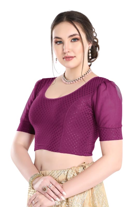 Image of FINESTFIT Stay On Trend Fashion 100% Cotton Readymade Blouses for Women,Round Neckline with Organza Balloon Sleeves.