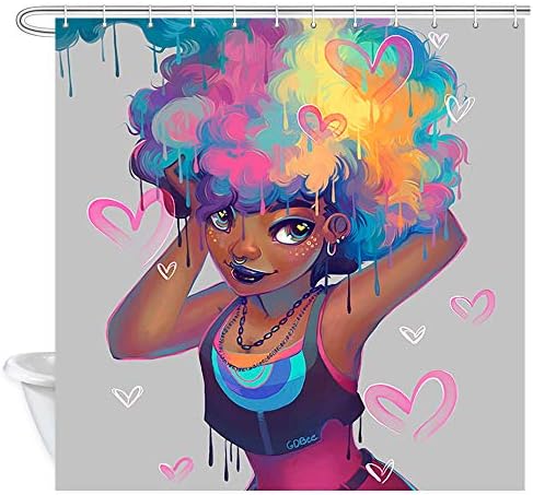 NYMB African Women Shower Curtain Set, Colorful Cartoon Afro Hair Girl with Heart Print, American Girl Decor Fabric Shower Curtain for Bathroom, Waterproof Bath Accessories, 12PCS Hooks, 69X70 Inches