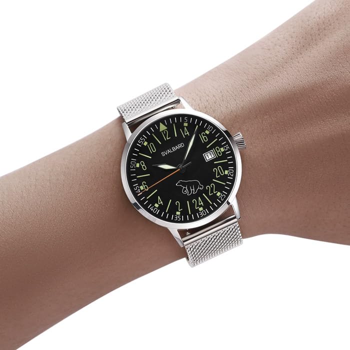 Svalbard ISBJØRNEN 24 Horas Cuarzo Suizo Acero Negro Blanco Cuero Fecha Reloj Hombre, gris