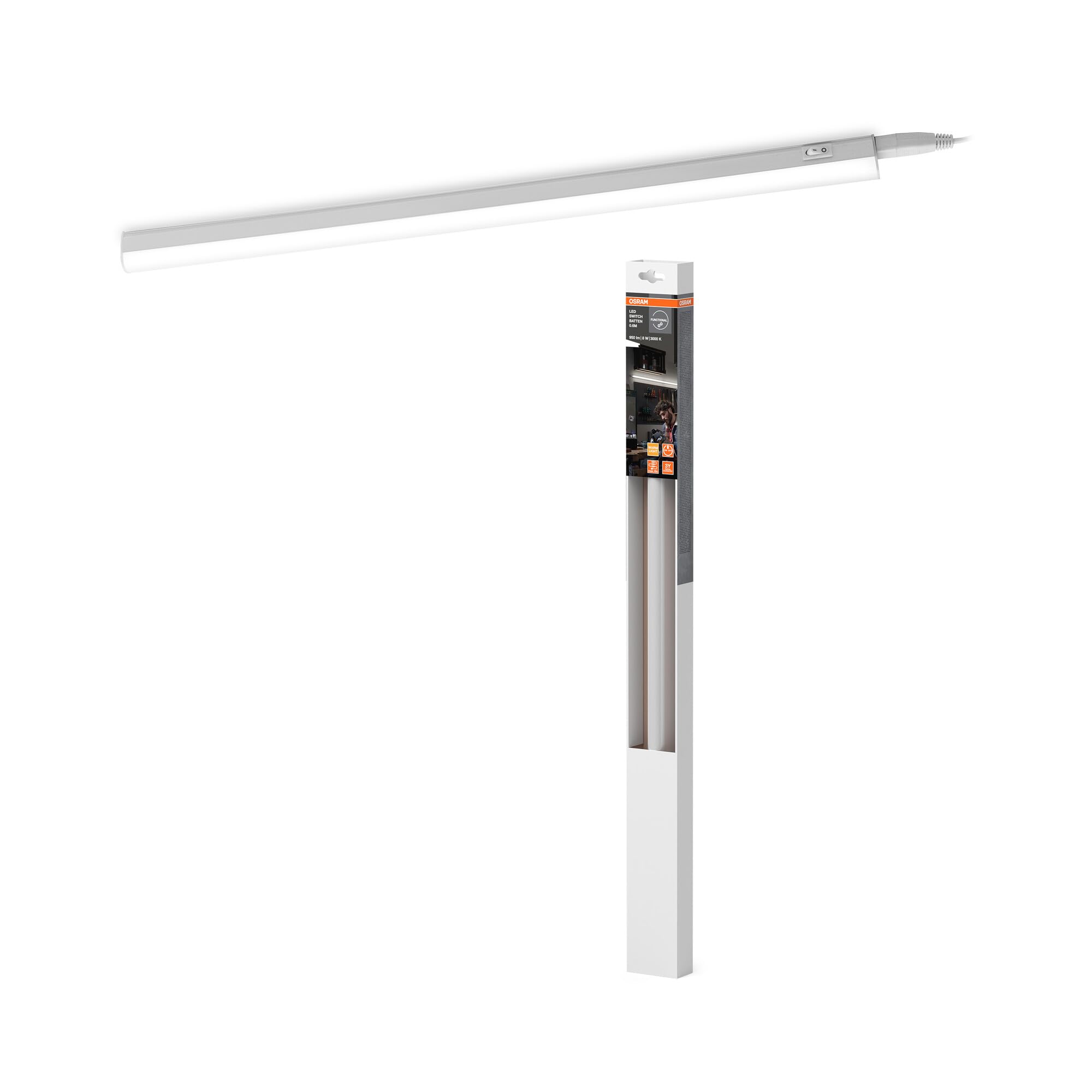 OSRAM Switch Batten Striscia luminosa LED 600mm 8W 3000K | LED Switch Batten, Clamp Lights, Bianco, dia, 30000 h, confezione da 1