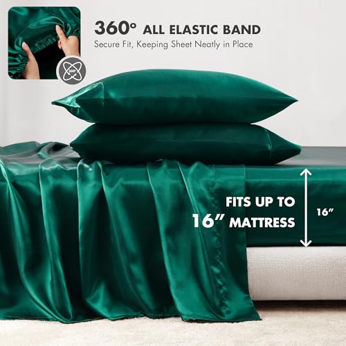 Image of Madison Park Essentials Satin Sheets Queen Size Bed Set, 6 Piece, Emerald | Luxury and Smooth Silky Bedding with Natural Sheen, All Around Elastic 14 inch Pocket fits up to 16 inch Mattress, Year-Round Cozy