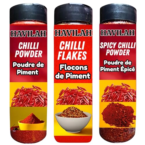 Image of Havilah Pizza Chilli Flakes (100 g), Pizza Masala Karam (125 g) Featuring Koora Karam,Gun Powder, and Chilli Powder (125 gm) Guntur Teja Chilli for Delicious Cooking- Spice Combo