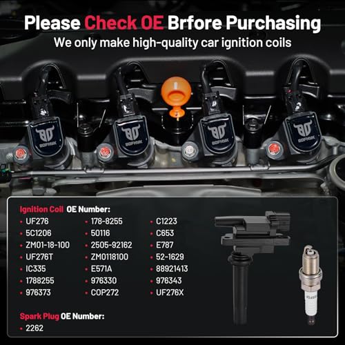 Image of BDFHYK 2 Ignition Coil Pack UF276 and 4 Iridium Spark Plug 2262 Compatible with Mazda 1999-2003 Protege 1.6L l4 Coil for 178-8255 C1223 5C1206 UF276T