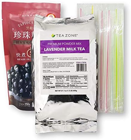 Boba Bubble Tea Lavender Milk Tea Kit with 1 Tea Zone Instant Lavender Milk Tea, 1 Black WuFuYuan Tapioca Pearls and 10 Boba Wide Straws Individually Wrapped
