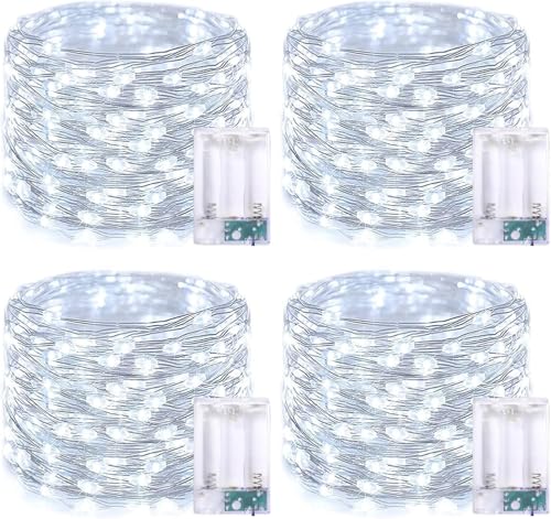 QITONG White Fairy Lights Battery Operated 4 Pack Each 16ft 50 LED Outdoor Christmas String Lights Silver Wire Mini Twinkle Light Indoor