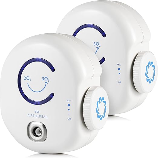Airthereal B50 Mini Ozone Generator Air Purifier- Removes Odors and Sterilizes Air in Small Spaces Up To 320 Sq Ft - Plug in Mini Air Ionizer, Adjustable Ozone Output of 10-50 mg/h, 2-Pack