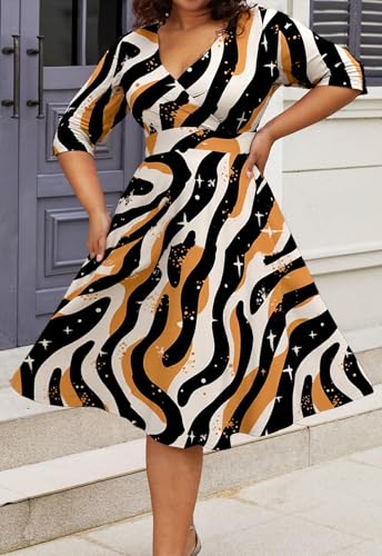 Image of Womens Plus Size Dresses Faux Wrap Summer Dress 3 /4 Sleeves V Neck 1950s Retro Vintage Wedding Party Midi Dress