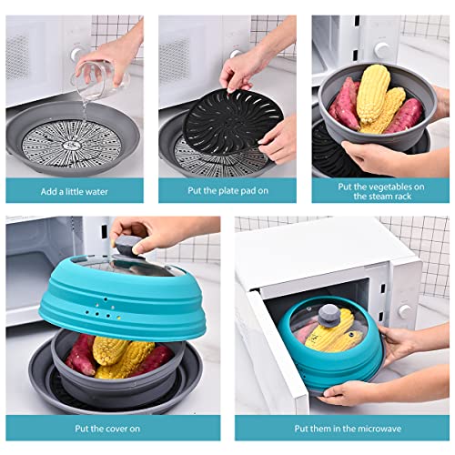 Microwave Splatter Silicone Cover Collapsible Steamer, Vented Multifunction Splash Lid With Glass Dish Bowl Plate For Food Cooking Bacon Maker, Dishwasher Safe Bpa-Free 10.5 Inch Cookware Set #TOP3